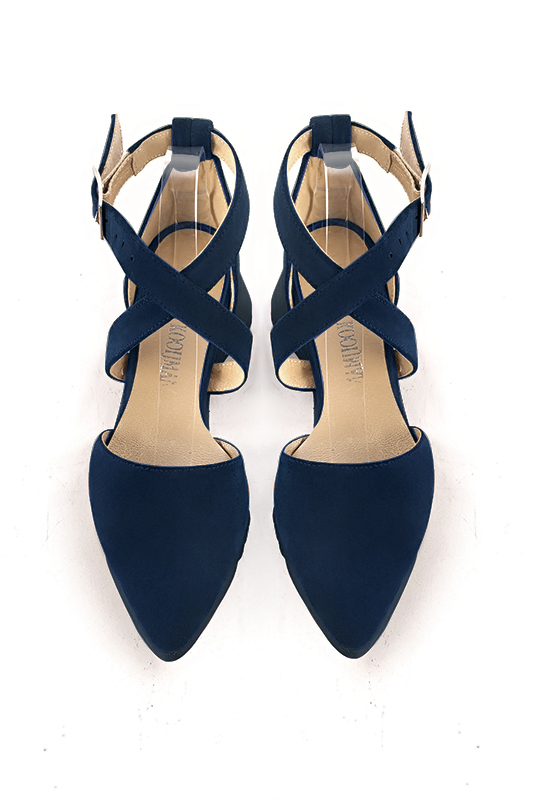 Navy blue women's open side shoes, with crossed straps.. Top view - Florence KOOIJMAN